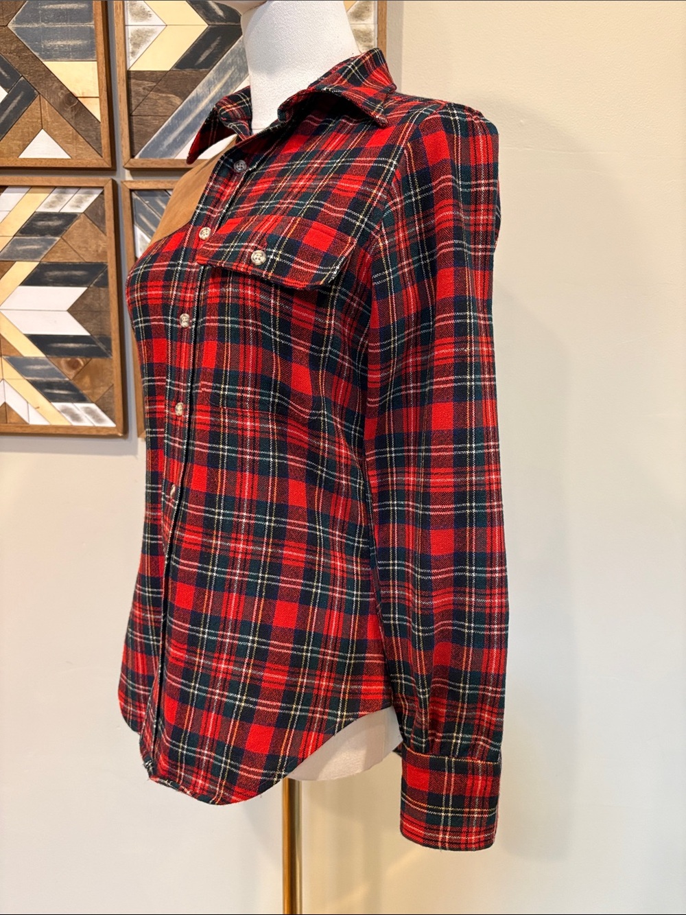 Vintage Ralph Lauren 70s Plaid Button Down Leather Patch Top size 8 *As-Is* - Picture 4 of 16